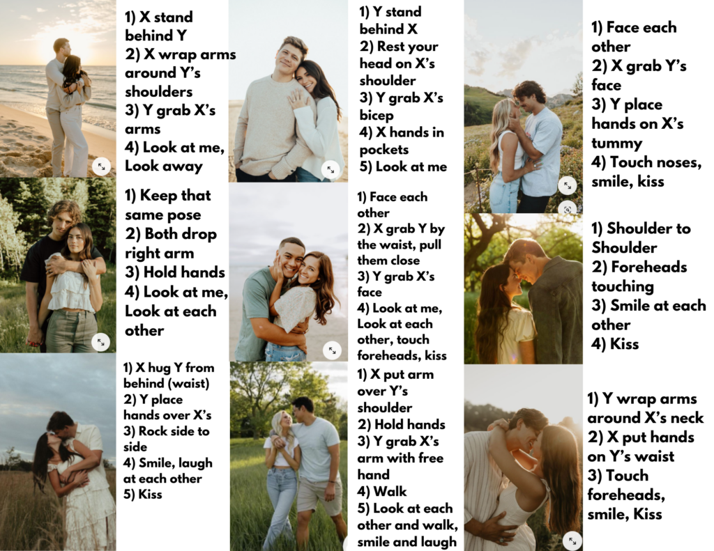 collage of photography pose inspiration with prompts for posing tips for beginner photographers